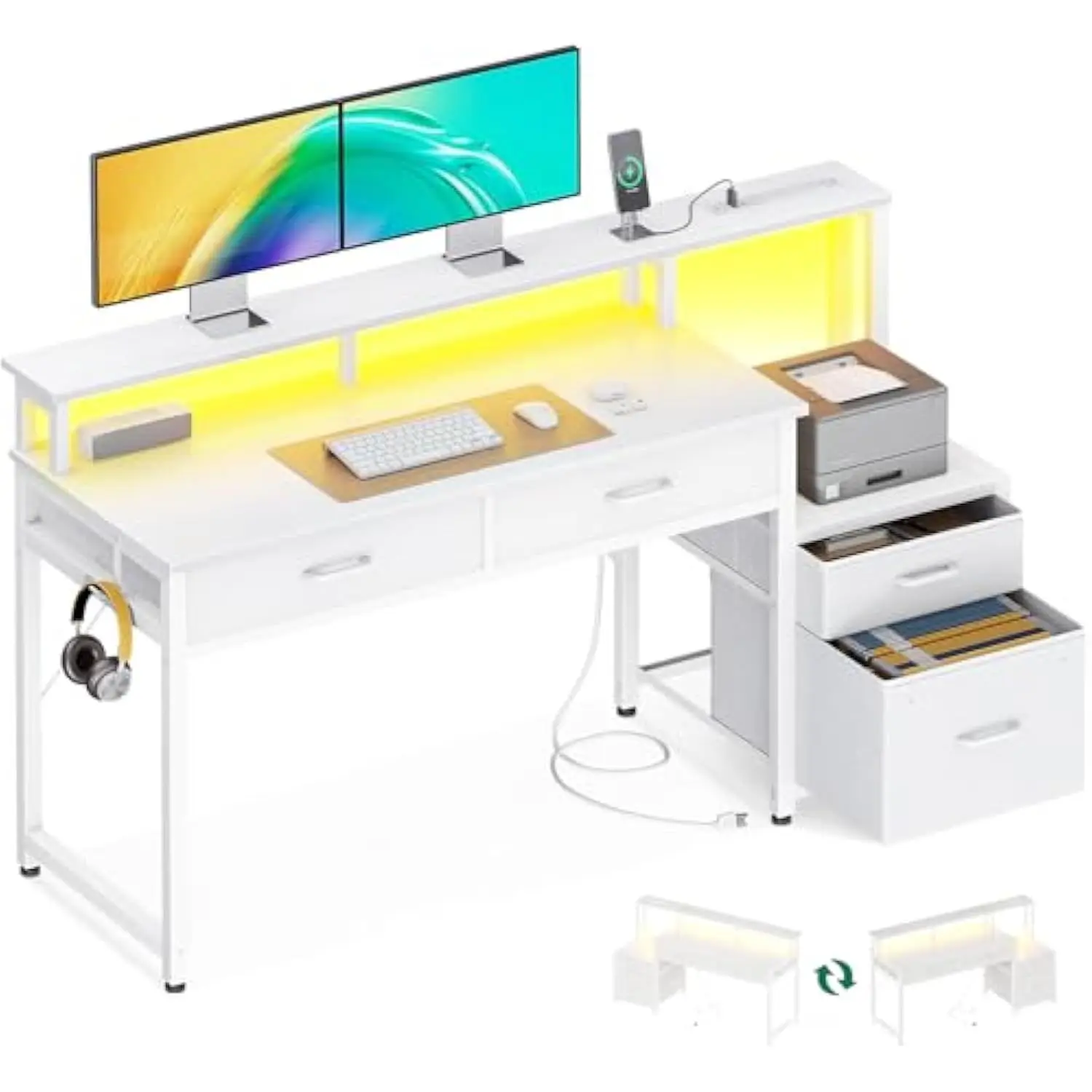 

AODK Computer Desk with 4 Drawers, 55 Inch Reversible Desk with Led Lights & Power Outlet, Office Desk with File Drawer & Monit
