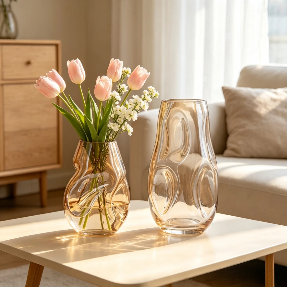 Nordic Irregular Wavy Amber Glass Vase Hydroponic Fresh Flower Arrangement Modern Home Coffee Table Centerpiece Decor