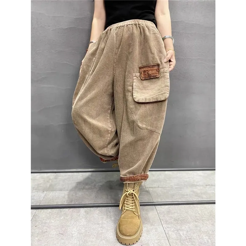 

2023 New Arrival Autumn Women Pockets Patchwork Ankle-length Pants Casual Loose Cotton Corduroy Elastic Waist Harem Pants V814