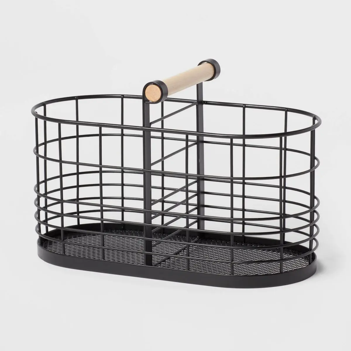 

Divided Wire Basket with Wood Handle Black: Storage & Organization, Powder-Coated Iron, Oval Decorative Basket
