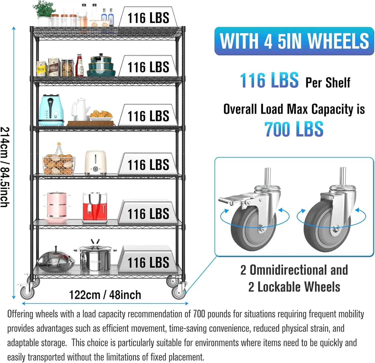 6 Tier Nsf Wire Shelf Shelving Unit, 20 X 48 X 84.5 Inch 6000Lbs Capacity Heavy Duty Adjustable Storage Metal Rack With