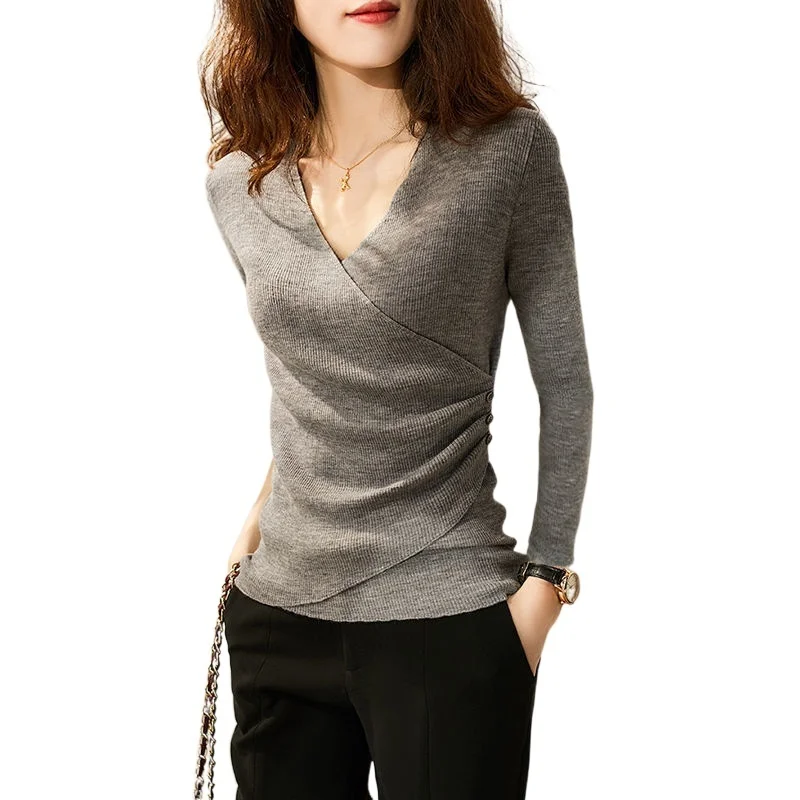 

spring Early new long-sleeved sexy! Look thin! Wrapped V-neck fashion all-match slim knit sweater women