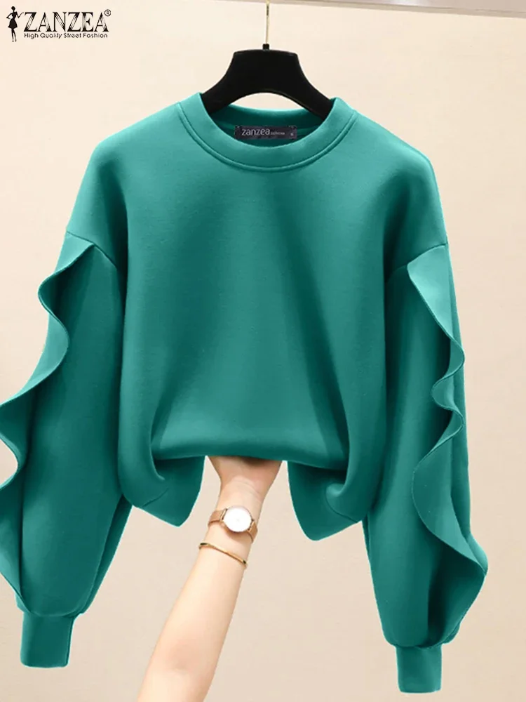 

ZANZEA 2022, осенние повседневные свободные простые топы, женские однотонные толстовки, модный пуловер с рюшами и строчкой, праздничные топы с круглым вырезом