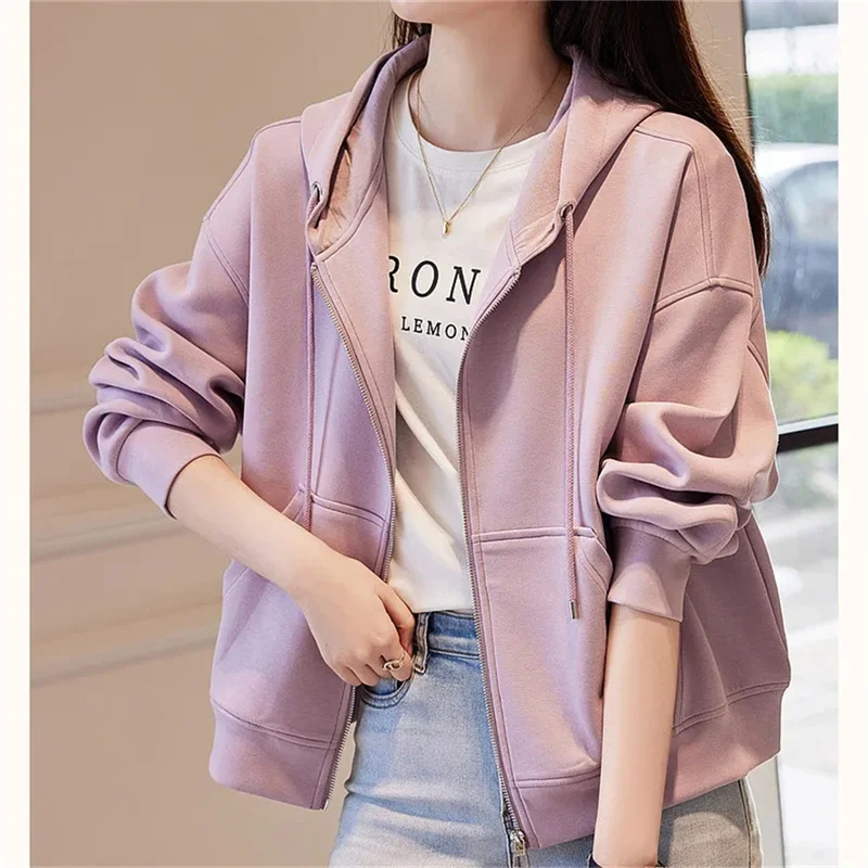 Green Hooded sweatershirt Jackets Women\'s zippered cardigan 2023 Spring and Autumn New Casual Sports Fashion Women Jacket Cotton