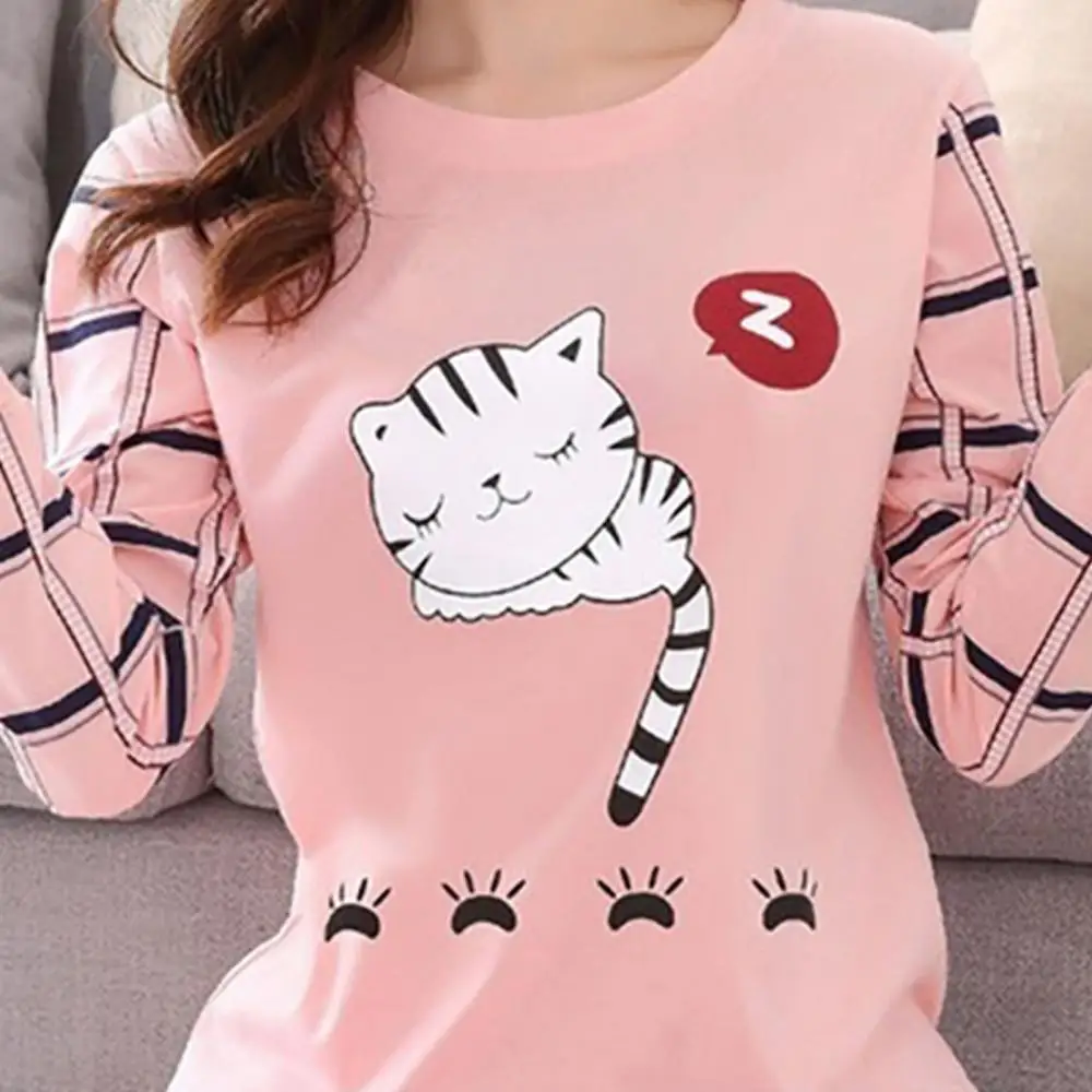 

Winter Cute Cartoon Cat Print Pajama Set Women Two-pieces Long Sleeve Sleepwear Underwear Girls Pajama Sets