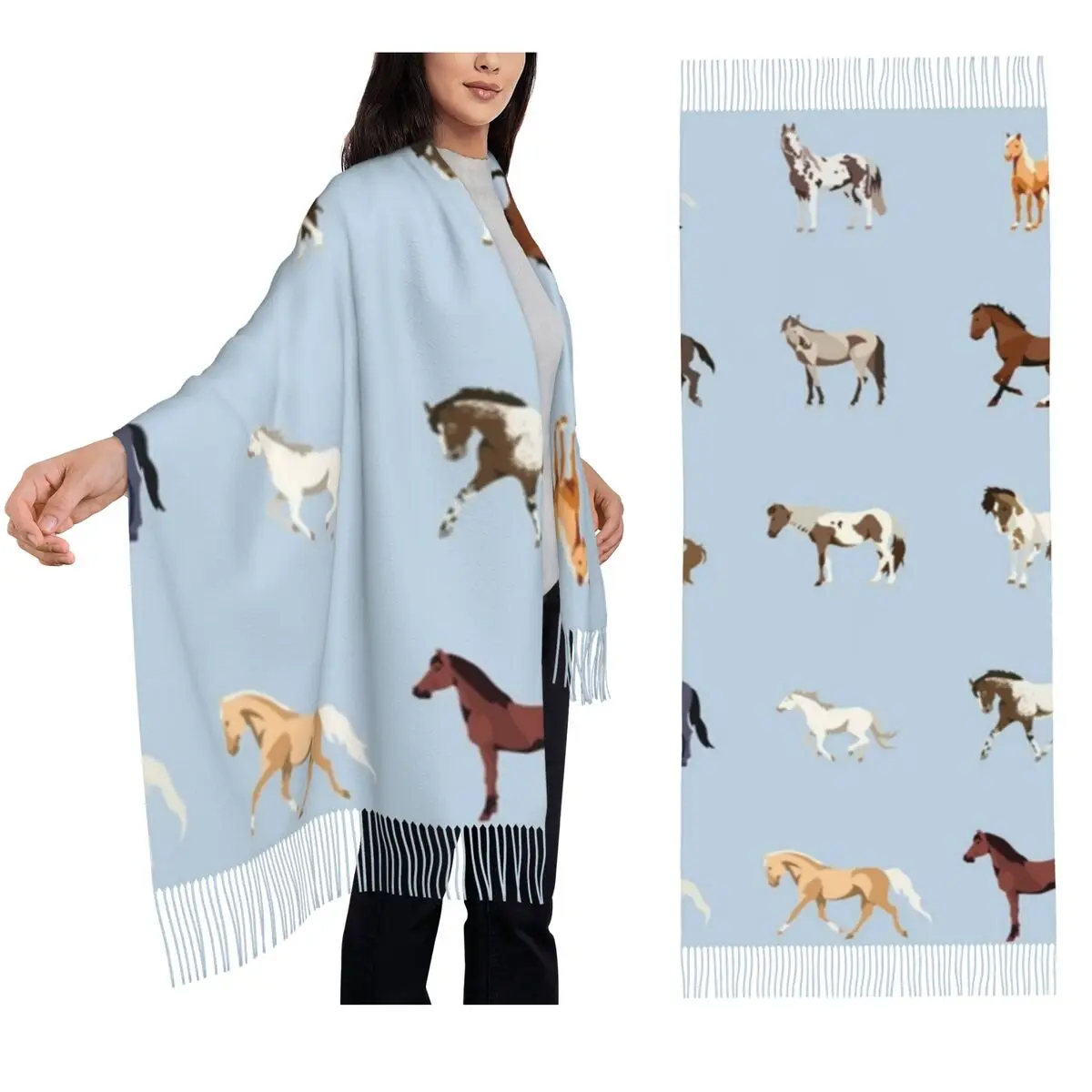 USA Horse Breeds Pattern Scarf Tassel Scarves Women Soft Warm Shawls and Wraps Long Fall Winter Shawl Wrap