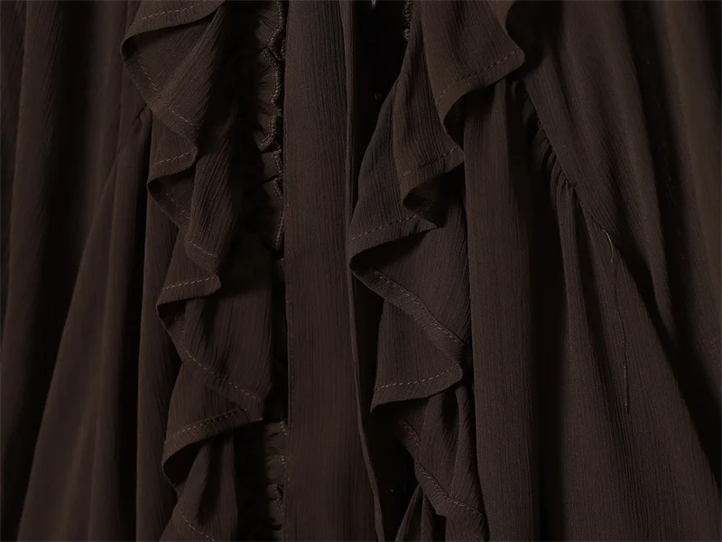 Women's Shirt 2025 Autumn New Style, Dark Brown Long Sleeve Layered Decorative Tie Draped Shirt Casual Fashionable Versatile