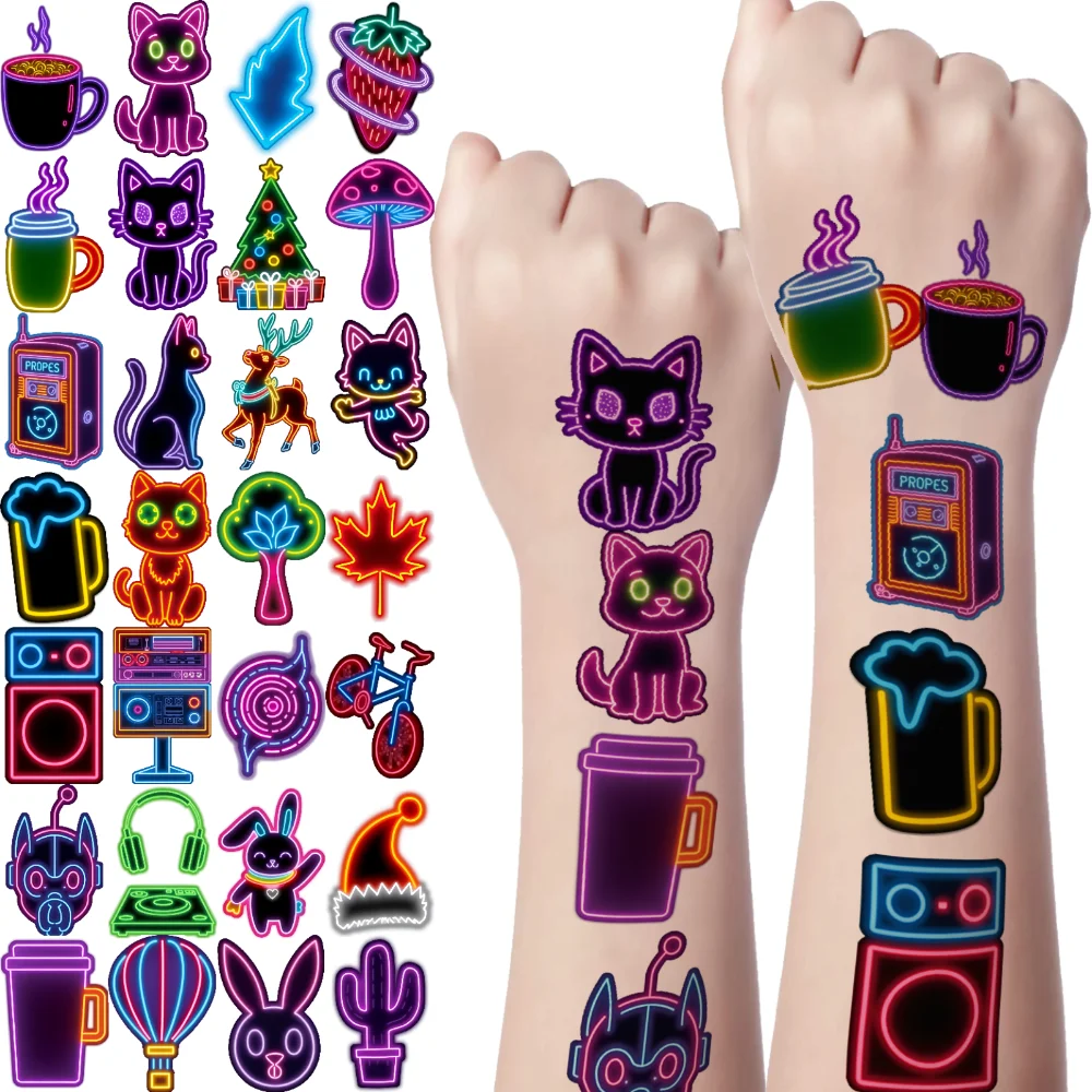 63pcs Temporary Tattoo Neon Stickers Neon Light Decorative Stickers Animal Stickers For Boys Shoulders Cheeks