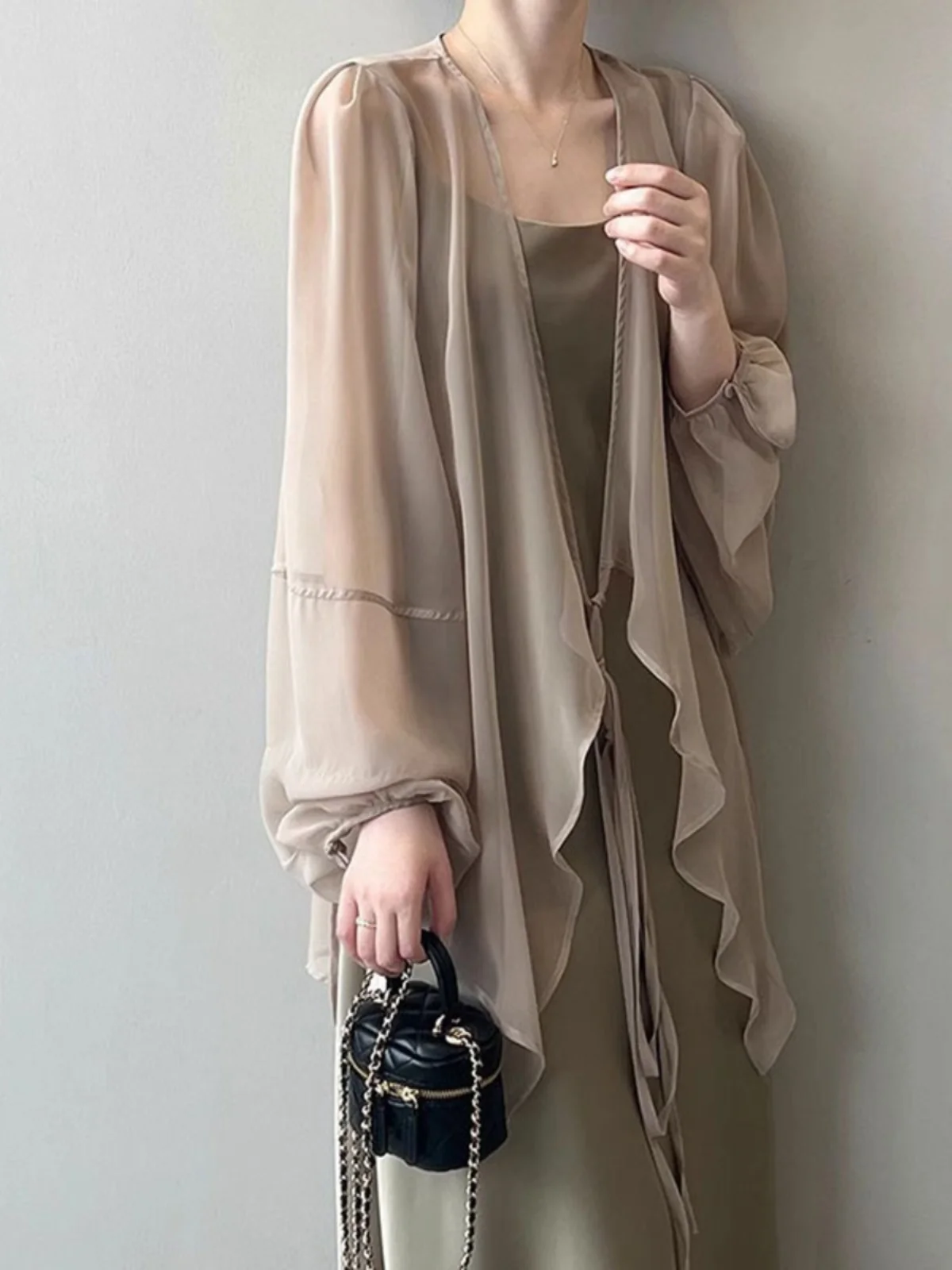 New Chinese Style Women's Shawl Cardigan Summer Thin Sun Protection Chiffon Top with Strap Dresses Outer Covering Long Sleeve...