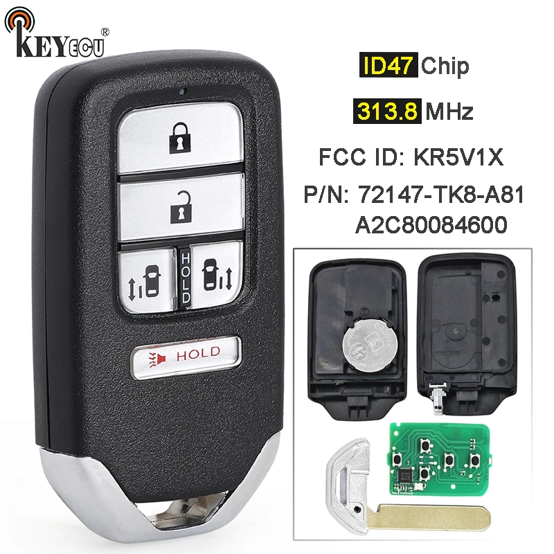 

KEYECU 313.8MHz ID47 Chip FCC ID: KR5V1X P/N: 72147-TK8-A81 A2C80084600 Smart Remote Key Fob for Honda Odyssey Touring 2014-2017