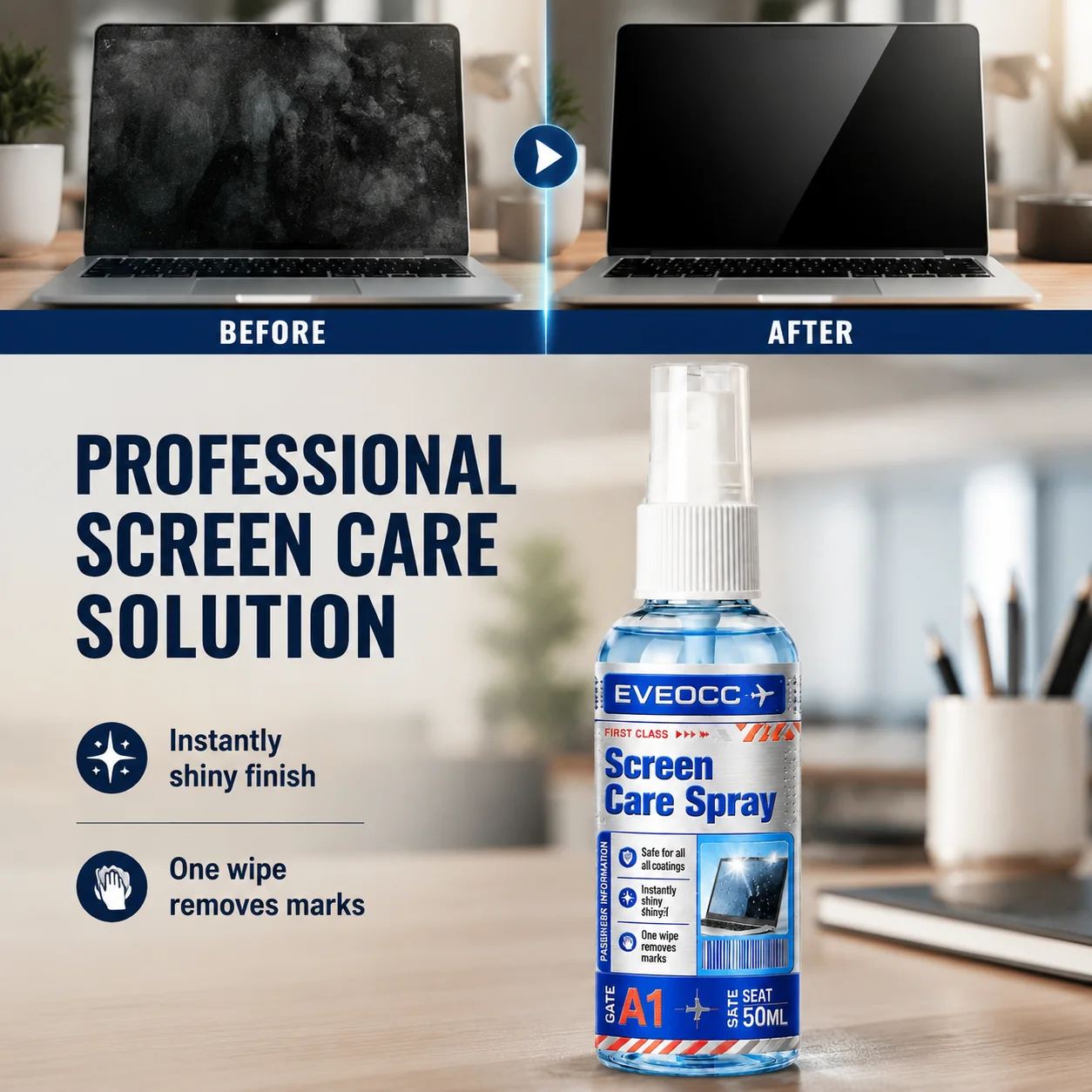 Compact Screen Care Spray 50ml, Travel Friendly Screen Cleaning Solution Removes Fingerprints for Mobile & PC Screens
