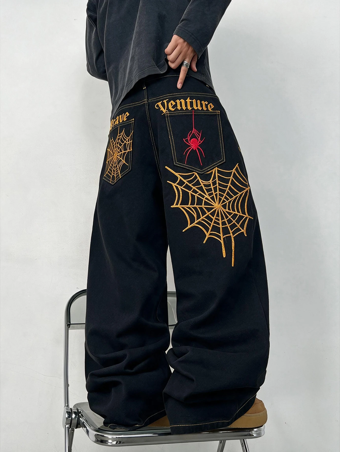 High Street Vintage Spiderweb Letter Embroidered Black Baggy Wide-Leg Jeans MenY2K Street Hip-Hop Skate Everyday Versatile Pants