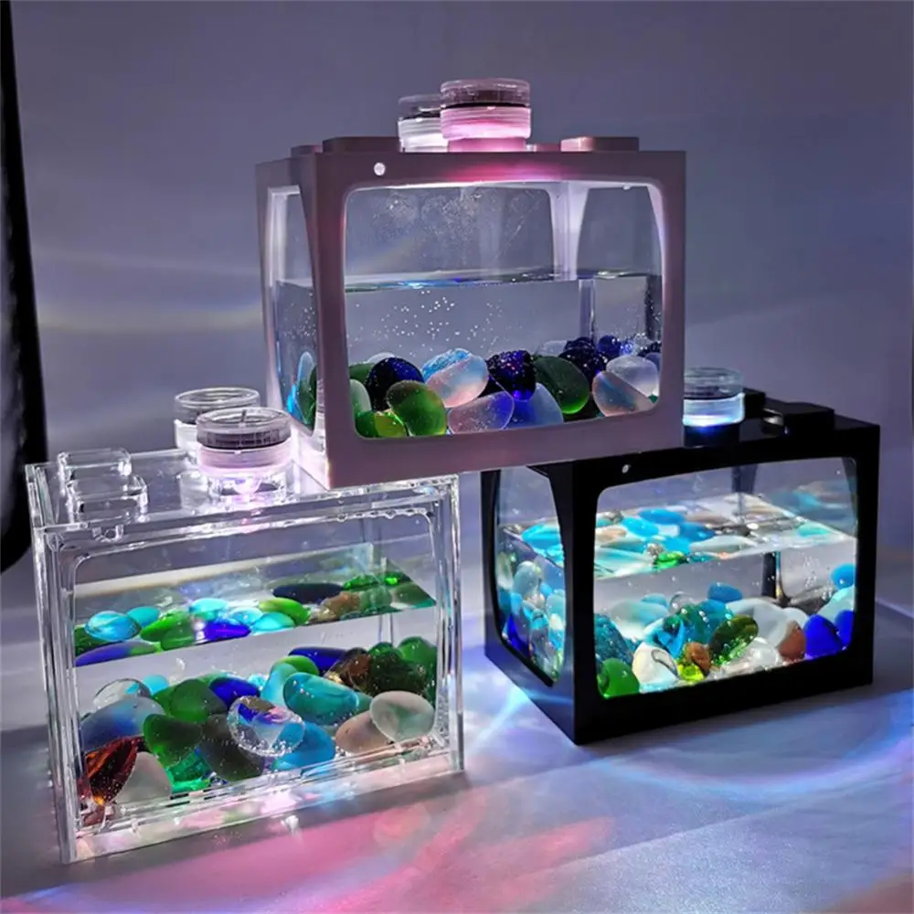 1PCS New Small Fish Tank With Seven-color LED Lights Desktop Creative Micro Landscape Ecological Tank Mini Tropical Fish