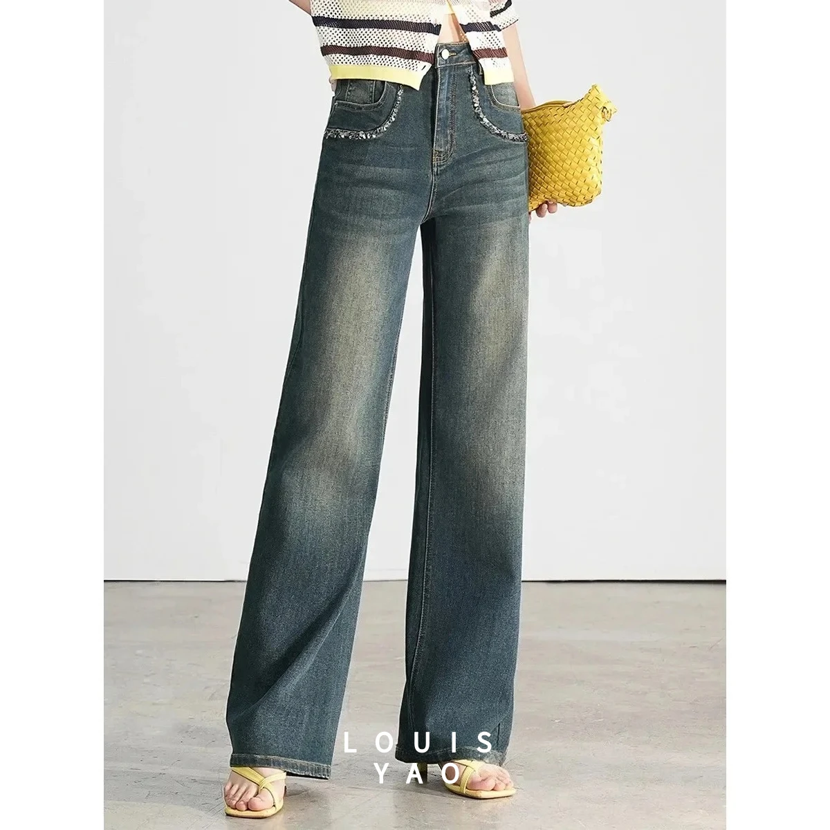 LOUIS YAO Wide Leg Denim Pants 2026 Spring Autumn Women Slightly Elastic High Waisted Handmade Sequined Jeans