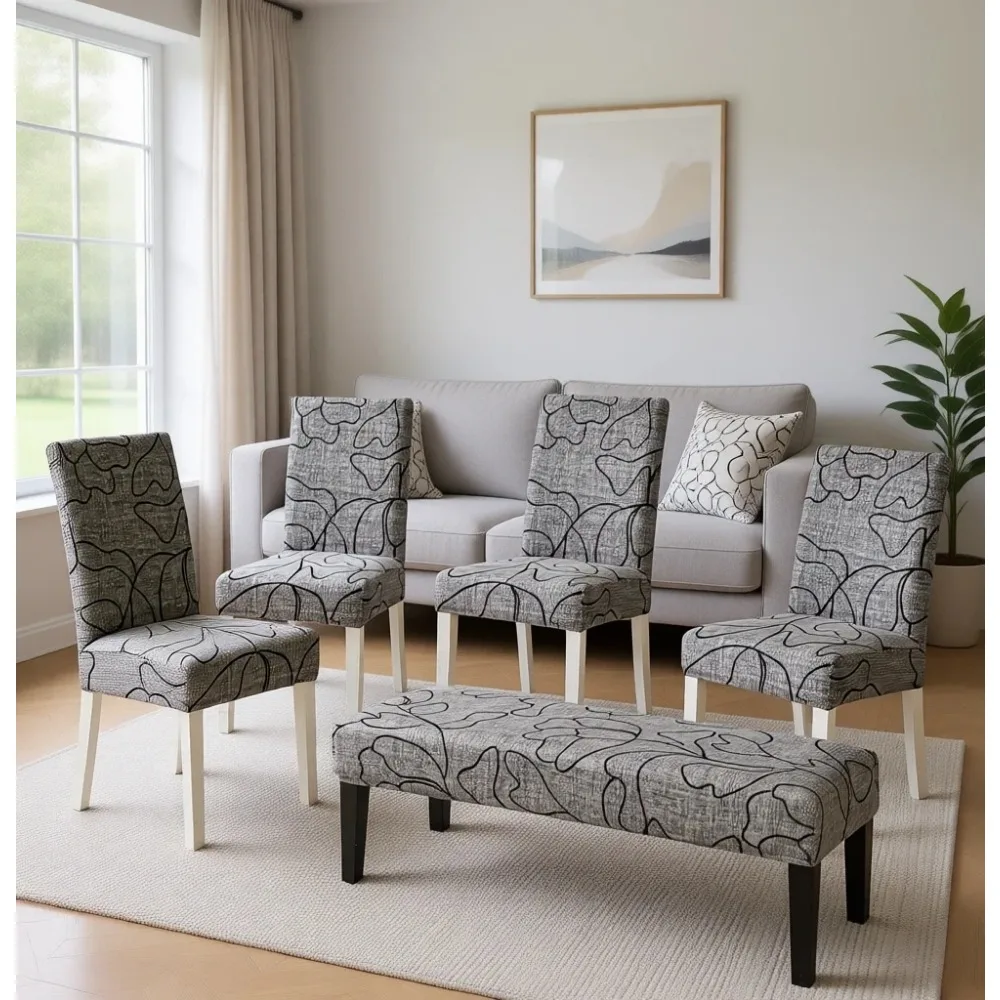 

Комплект из 4-х эластичных чехлов для стульев и скамьи с принтом, для кухни и столовой