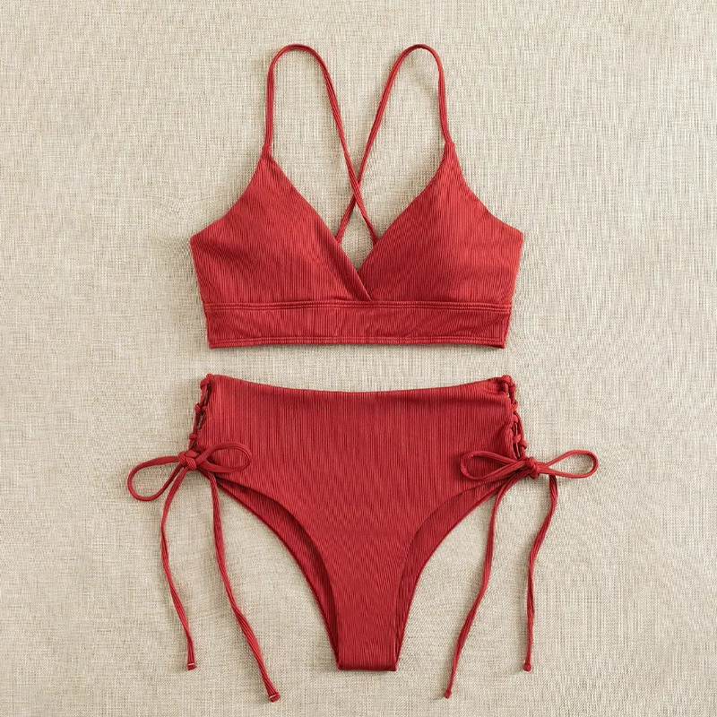 

Комплект бикини Cikini с V-образным вырезом для женщин, сексуальный купальник, на шнуровке, треугольные бикини, однотонный, пляжная одежда, купальный костюм