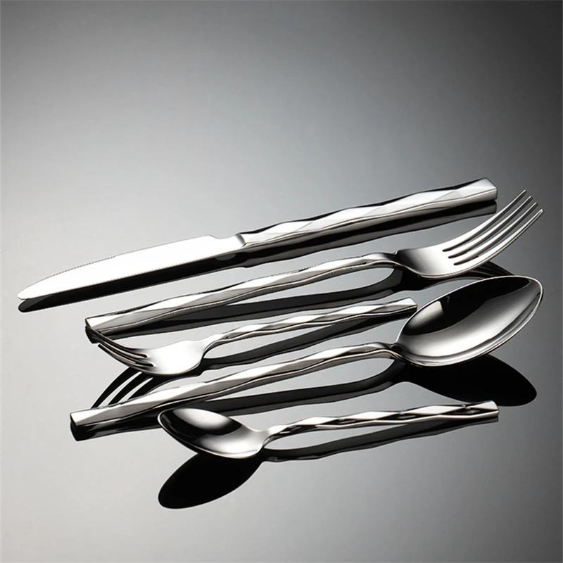 Diamond Pattern Stainless Steel Dinner Set Square Handle Cutlery Simple Fork Knife Spoon Teafork Dinning Tables Sets 2024