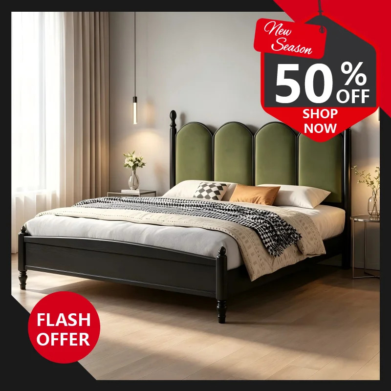 Retro Solid Wood Bed with Segmented Arched Headboard Sturdy Platform Frame Double Bed for Apartment Homestay Bedroom Use