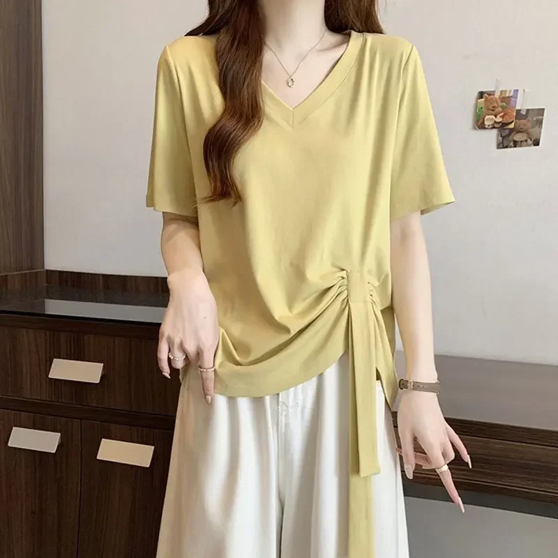 

Female Clothing Irregular Pullovers Fashionable Folds Spliced Summer Casual Solid Color Basic Short Sleeve V-neck Loose T-shirts