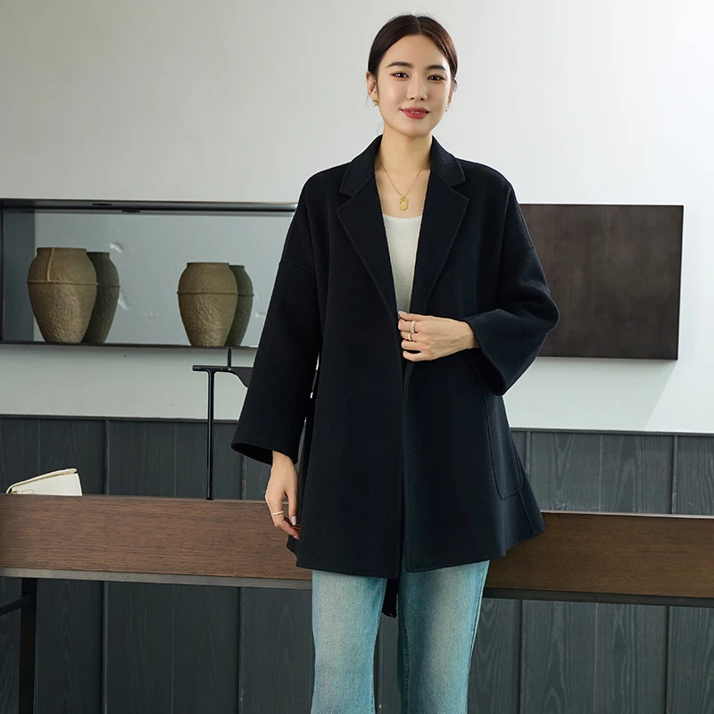 Women's 100% Wool Coat No Buckle Belt Style Double-Sided Mid-Length Autumn Winter Versatile Clothing