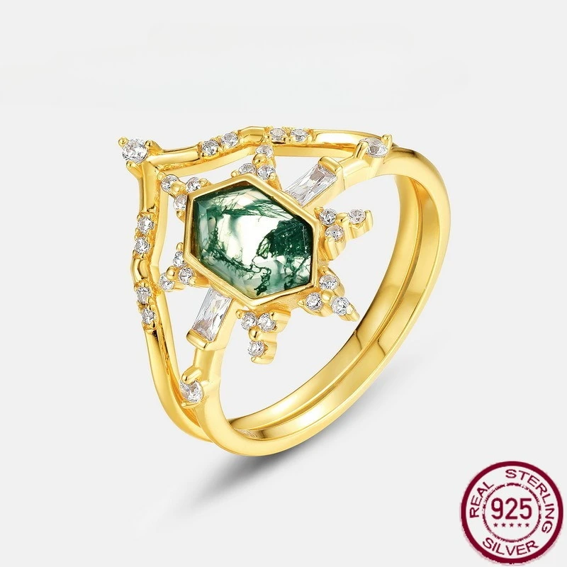 

New S925 sterling silver fashionable and unique natural green moss stone inlaid with water grass agate ring wedding jewelry
