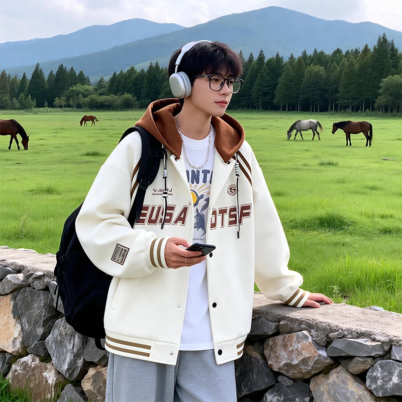 Men's Fashion Hooded Jacket Spring Autumn Trendy New Arrival Loose Fit Casual Coat Youthful Versatile Wear for Teens Students