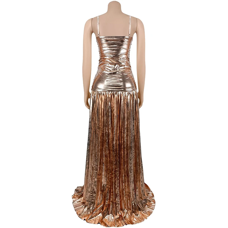 BKLD Sexy elegante colore metallizzato cinturino ritaglio senza maniche backless pieghettato abito lungo moda donna banchetto di lusso abiti da festa