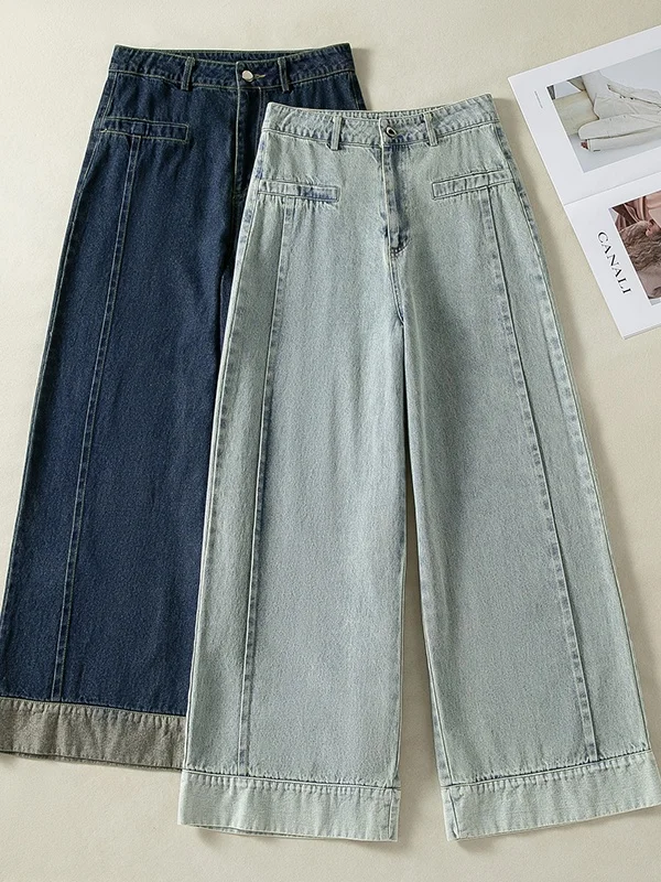 Authentic Vintage Deep Blue Cuffed Design Nine-Tenths Wide Leg Jeans High Waist Straight Leg Pants Women's Casual Cotton Trou...