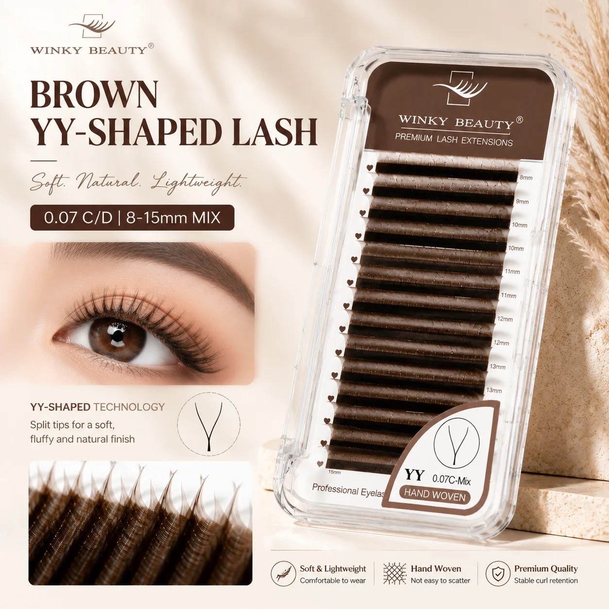 Winky Beauty 12 Rows New Matte Brown YY Individual Lash 2D YY Type Natural Soft 0.07 C&D False Eyelash Y Shaped Makeup Supplies