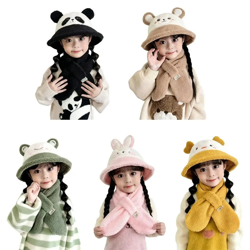 Cute Winter Scarf Hat Set Warm Polar Fleece Bucket Hat Windproof Coldproof Neck Warmer Children - view 2