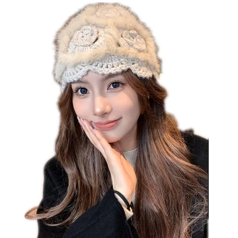 Genuine Mink Fur Hat for Women New Female Girls Fur Caps Ladies Winter Knitted Fluffy Beanies