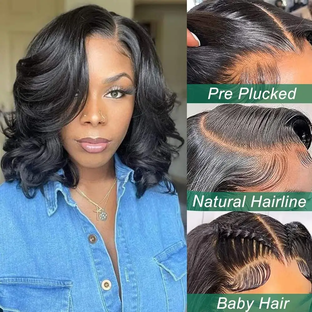 13x4 13x6 الدانتيل الجبهة باروكة من شعر طبيعي الجسم موجة قصيرة بوب شعر مستعار 200% الكثافة 18 بوصة قبل قطعها البرازيلي شعر ريمي شعر مستعار للنساء