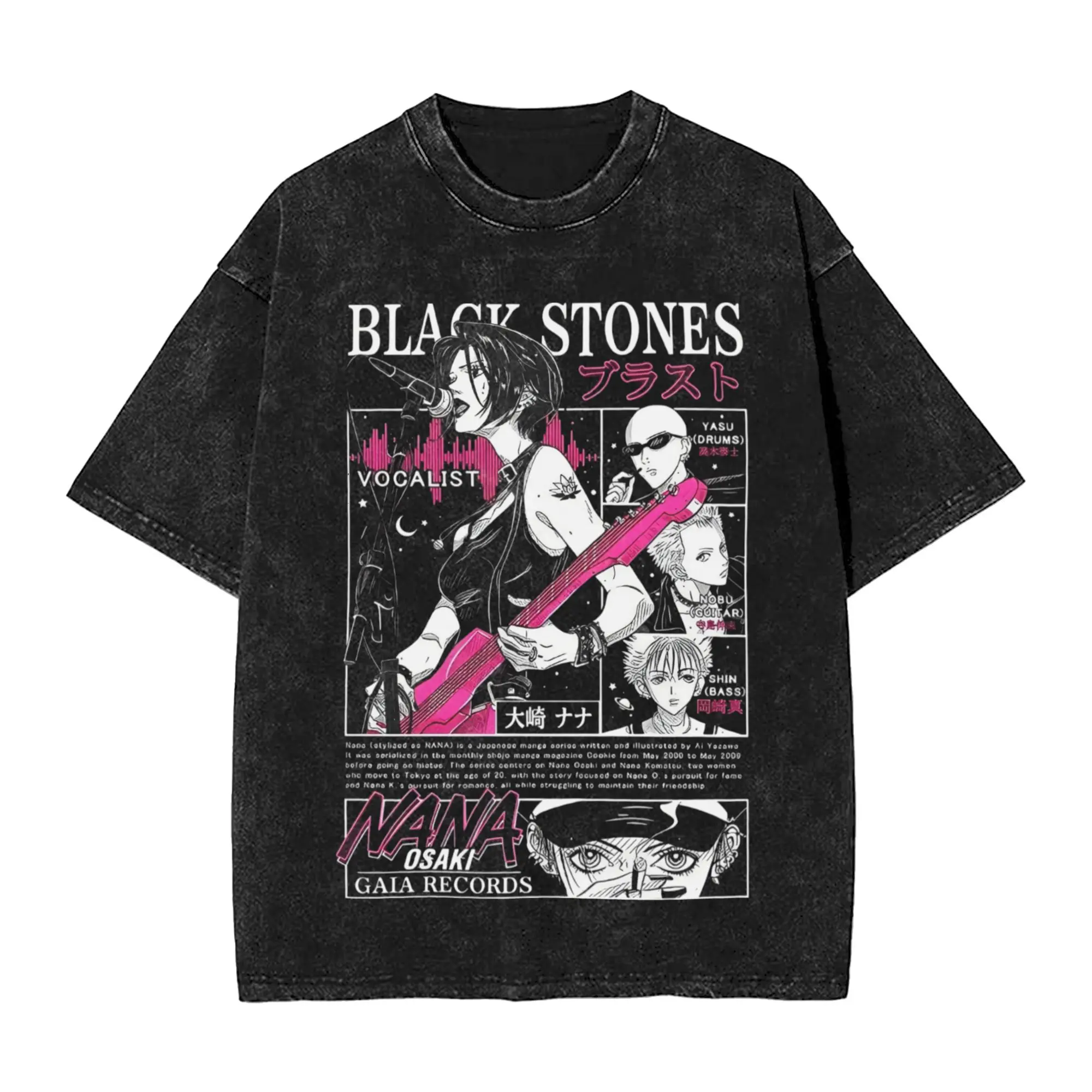 워시드 티셔츠 일본 만화 블랙 스톤스 나나 힙합 빈티지 티셔츠 하이 스트리트 스트리트웨어 100% 코튼 탑 티셔츠 남성용