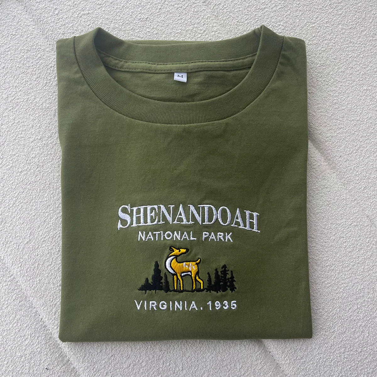 Shenandoah National Park Vintage Style Unisex Embroidered T Shirts Army Green Short Sleeve 250g Thick Cotton Summer Casual Tees