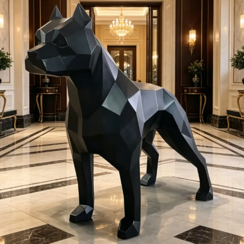 Life Size Geometric Pitbull Sculpture Outdoor Lawn Landscape Full Body Animal Floor Ornament Glossy Monochrome Facet Surface