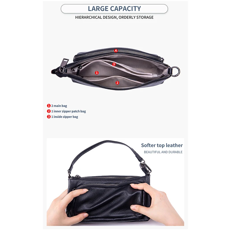 TOPHIGH Newly Genuine Cowhide Leather Shoulder Bag Crossbody Multi-pocket Handbag For Women Luxury Designer Satchel Purse Bag