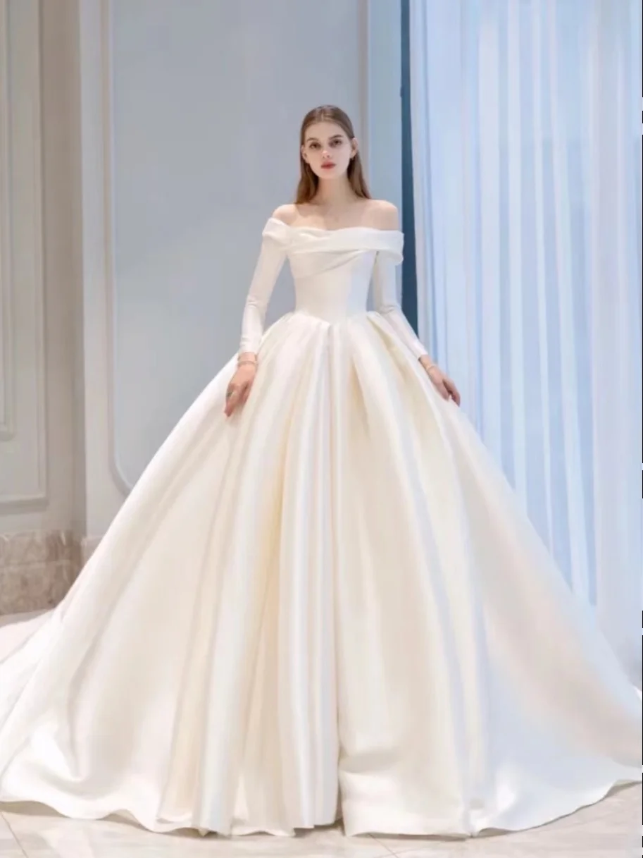 

Korean Sle Satin Light Wedding Dr New Bride One oulder Long Sve Slimming New Model Main Dr Ele Simple Vintag...