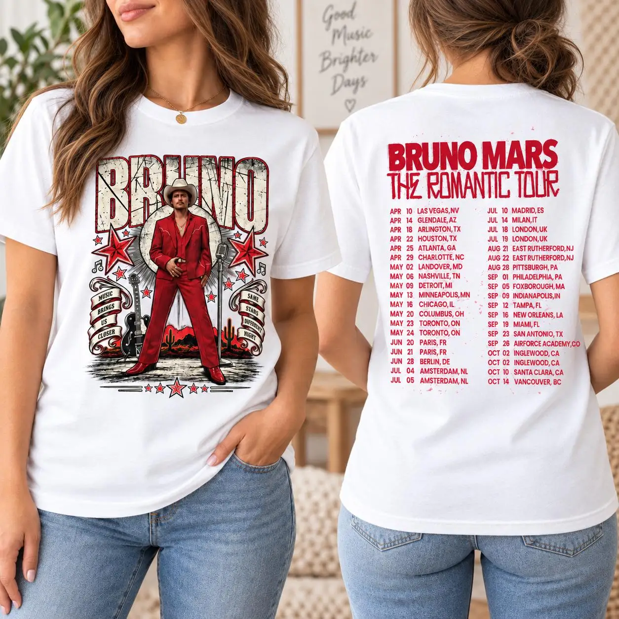 2026 Bruno Mars Romantic Drummer Retro T-shirt Double Sided September Tour Date Shirt Fans Gift Y2k