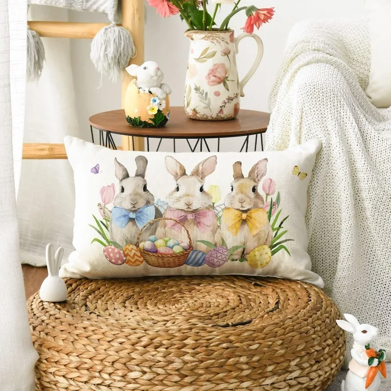 VIKAMA Osterhasen-Kissenbezug, Eierblumen-Motiv, Büro-Taillenkissenbezug, Schlafzimmer, Wohnzimmer, Sofa-Kissenbezug, Heimdekoration
