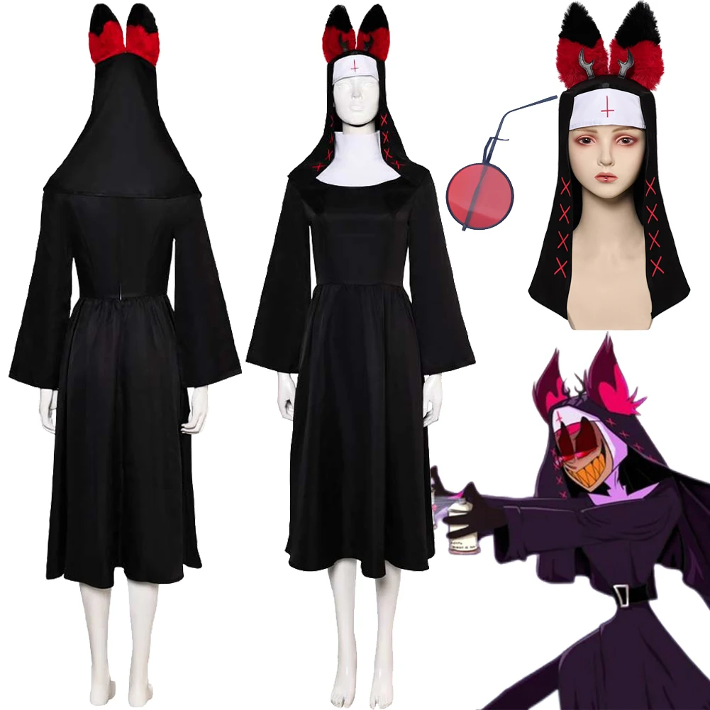 

Nun Alastor Cosplay Hazzbin Fantasia Hotel Cosplay Nun Costume Disguise For Girls Women Adult Hat Dress Halloween Carnival Suit