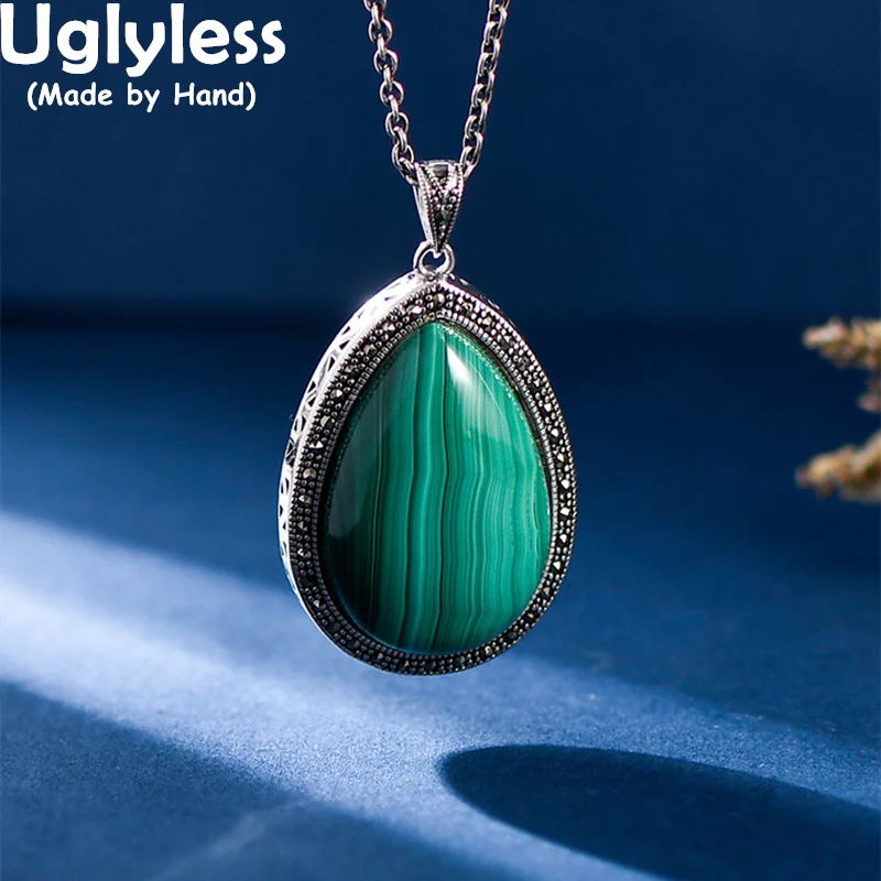 

Uglyless Mysterious Marcasite Ethnic Pendants for Women Natural Malachite Necklaces Large Gemstones Jewelry 925 Silver NO Chains