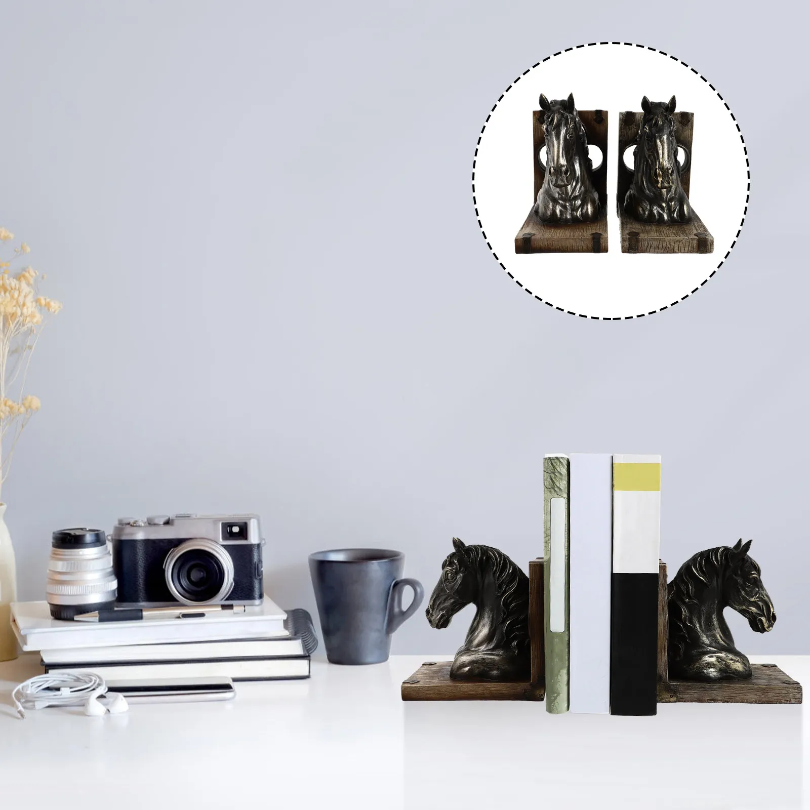 1Pair Resin Horse Bookend Retro Elegant Bookshelf Fitting Book Stopper Decorative Desktop Bookend Household Book Fixator Office