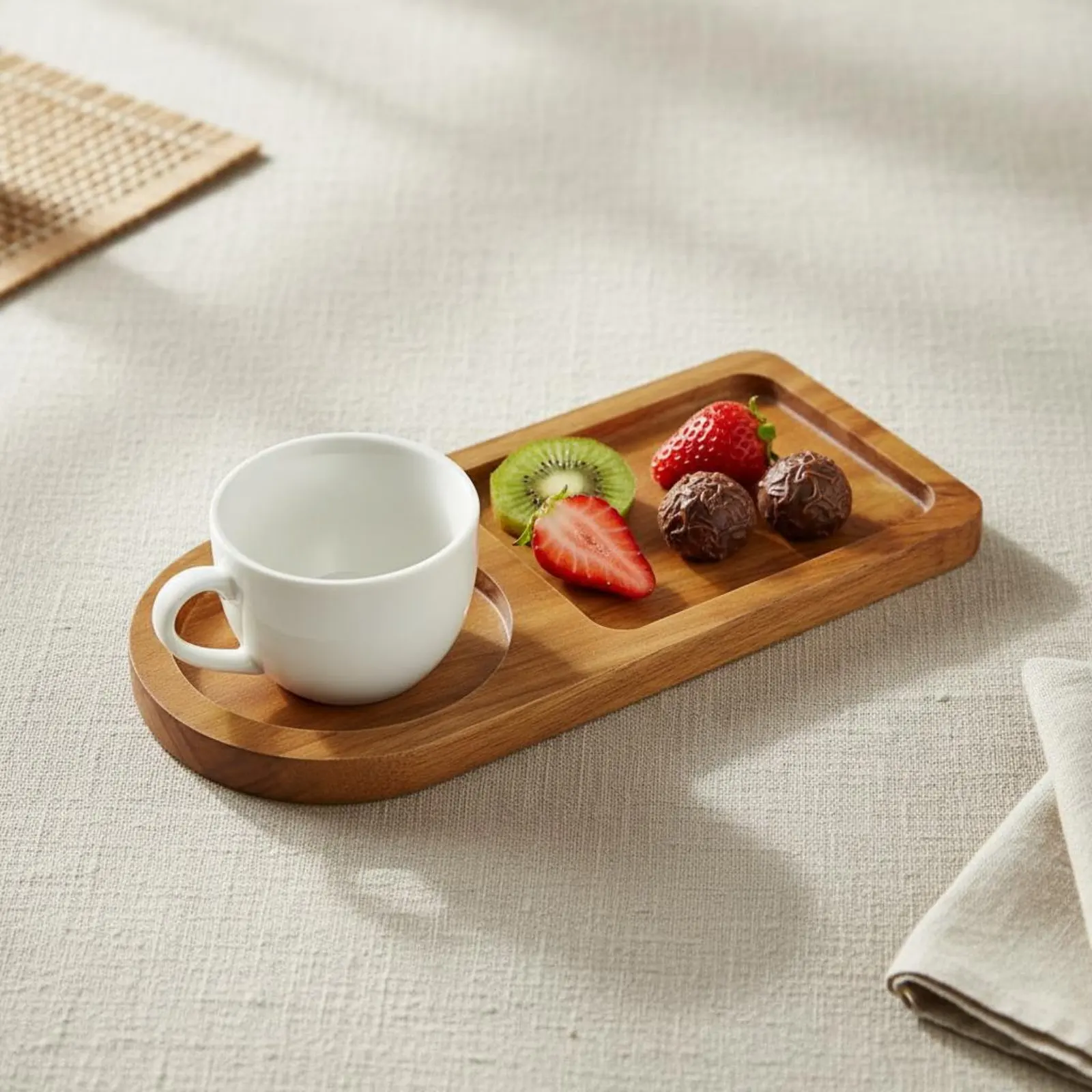 

Double Compartment Tea Tray Hand Polished Acacia Wood Serving Board Tableware Multipurpose for Cafe