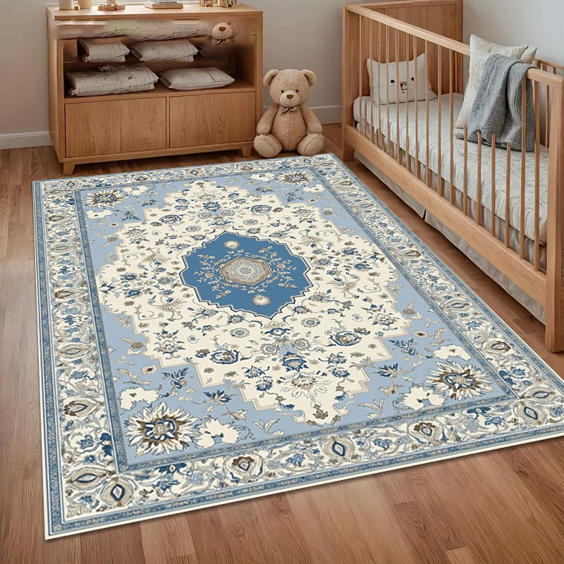 

Детский персидский ковер для комнаты, светло-голубой, бежевый, с цветочным узором, нескользящий, моющийся, для детской, игровой комнаты, спальни, в стиле бохо