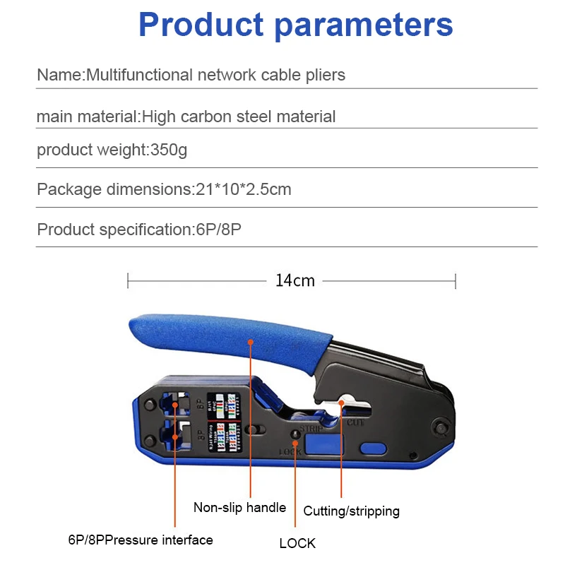 Herramienta de prensado de red RJ45, alicates de Clips de Metal para Cat7, Cat6, enchufes modulares, pelacables 8P/6P Multi