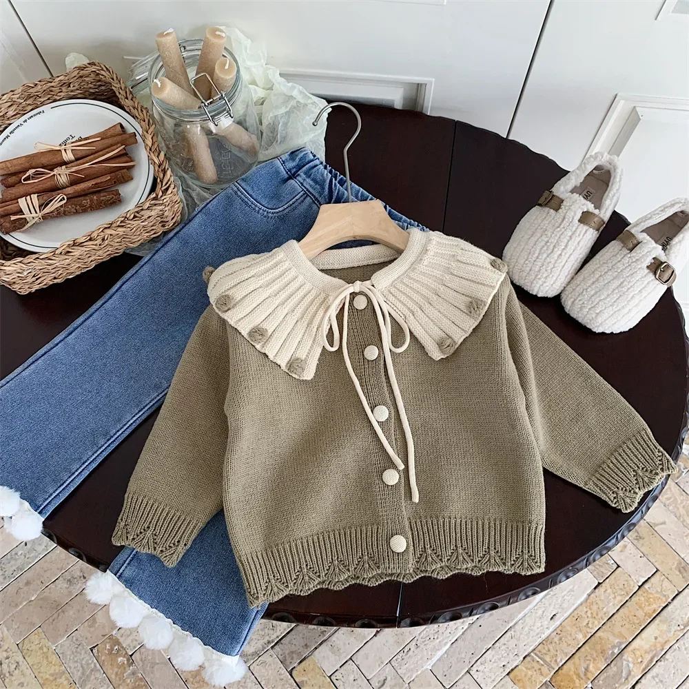 Sweaters Childrens Clothing Autumn New Korean Girl Big Collar Simple 2024 Loose Coat Baby Knitting Cardigan Striped