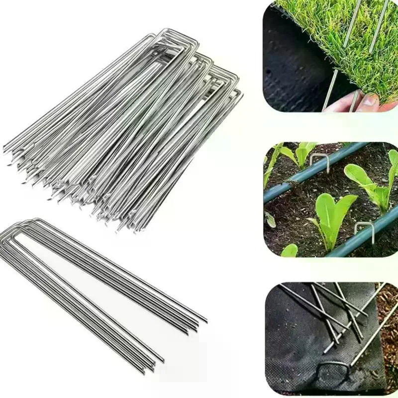 U-type Garden Staples With Pads Metal Fence Tubing Stakes Galvanized Landscape Spikes For Holding Lawns Barrier Ground Nails