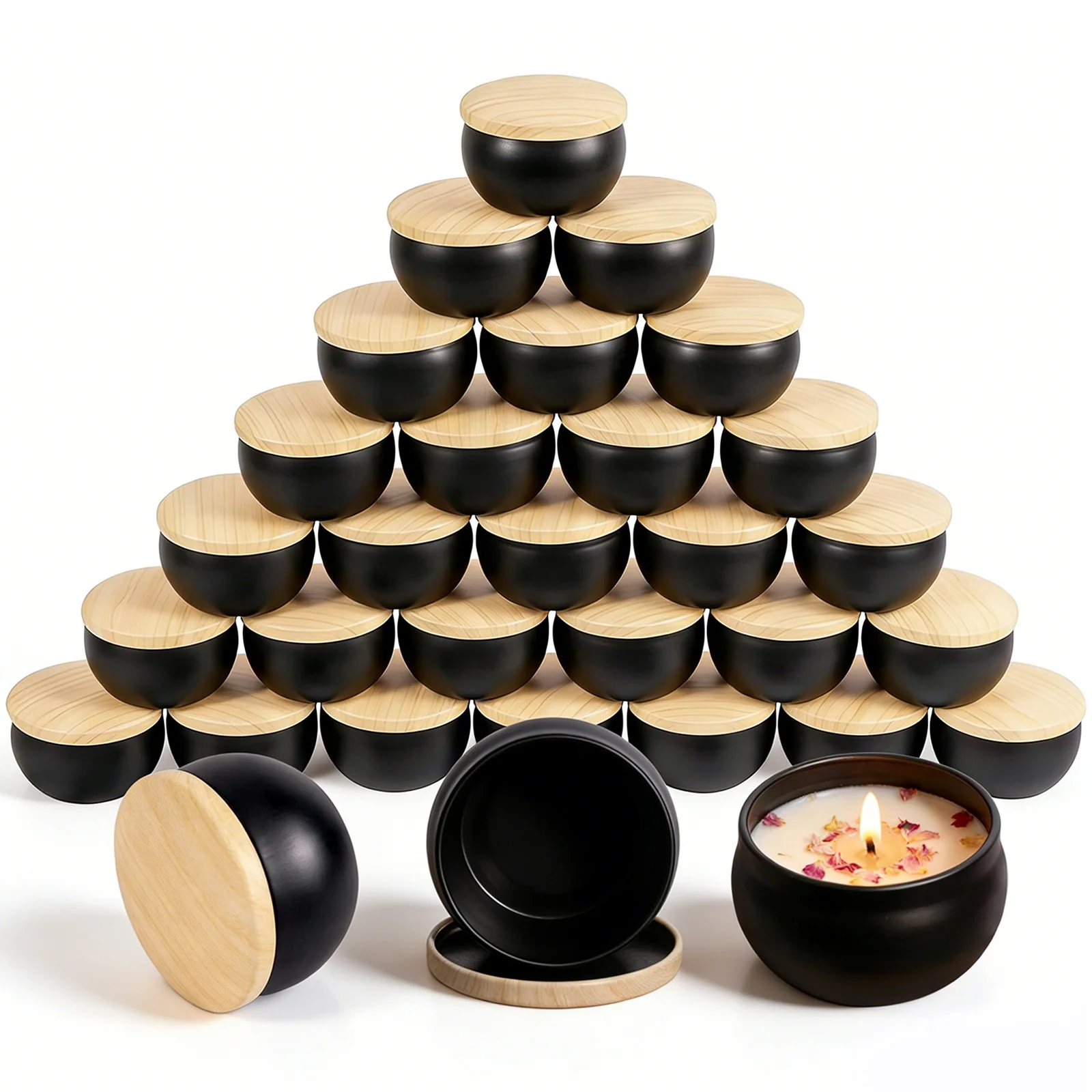

16pcs black Candle Tins with Metal Wood Grain Lids, 2.5oz - DIY Candle Making Supplies & Storage Containers
