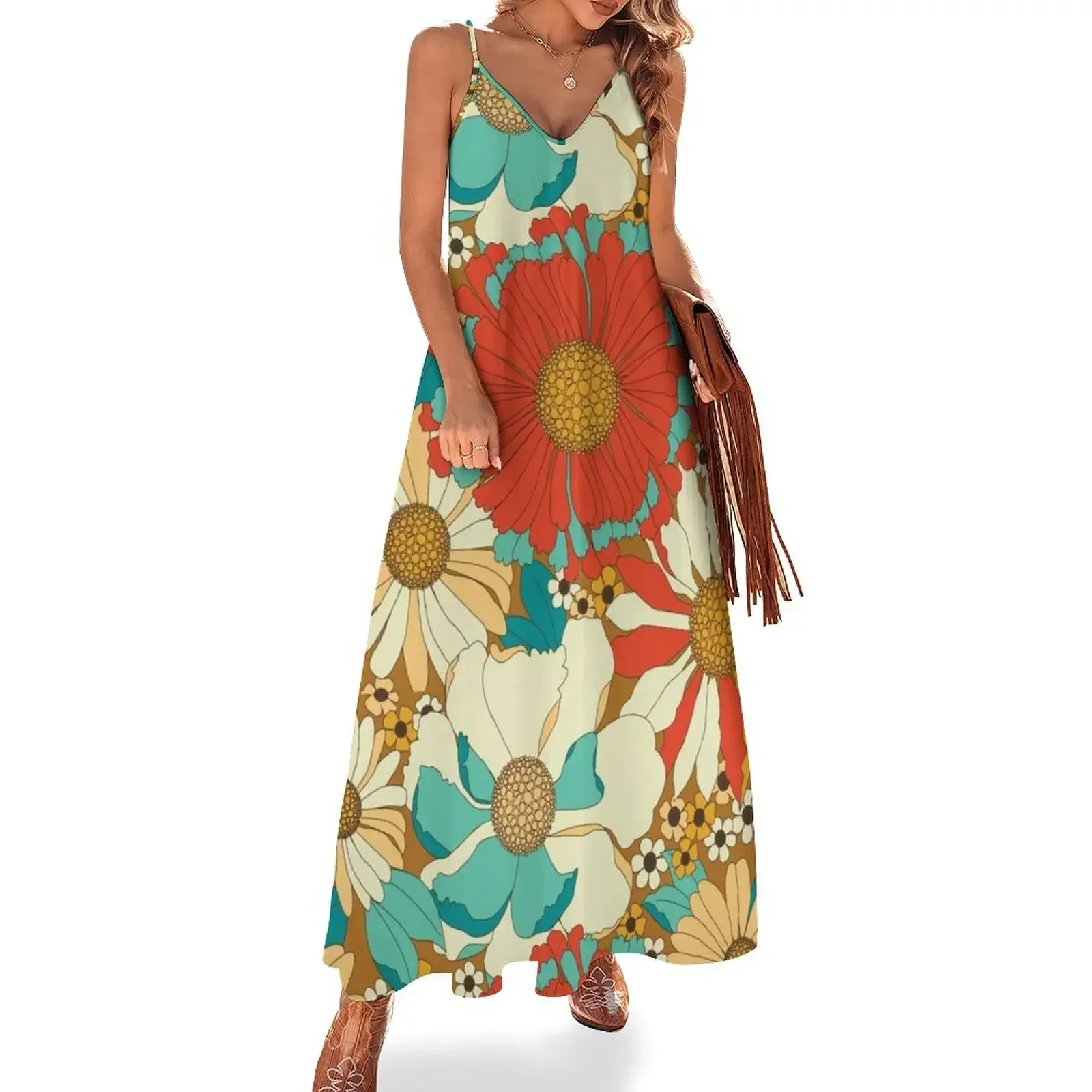 Red, Orange, Turquoise & Brown Retro Floral Pattern Sleeveless Dress luxury women's party dress evening prom Dress woman