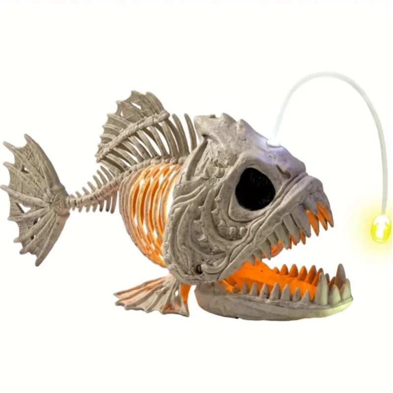 Skelett-Laternenfisch für Halloween mit LED-Auge, Plastikknochen für Halloween-Party, Foto-Requisite, Dekoration, Friedhof-Dekor, für drinnen und draußen, gruselige Szenerie (26 cm * 14 cm * 7,6 cm)